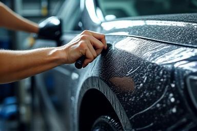 Technician performing paint-safe wash on high-end sedan